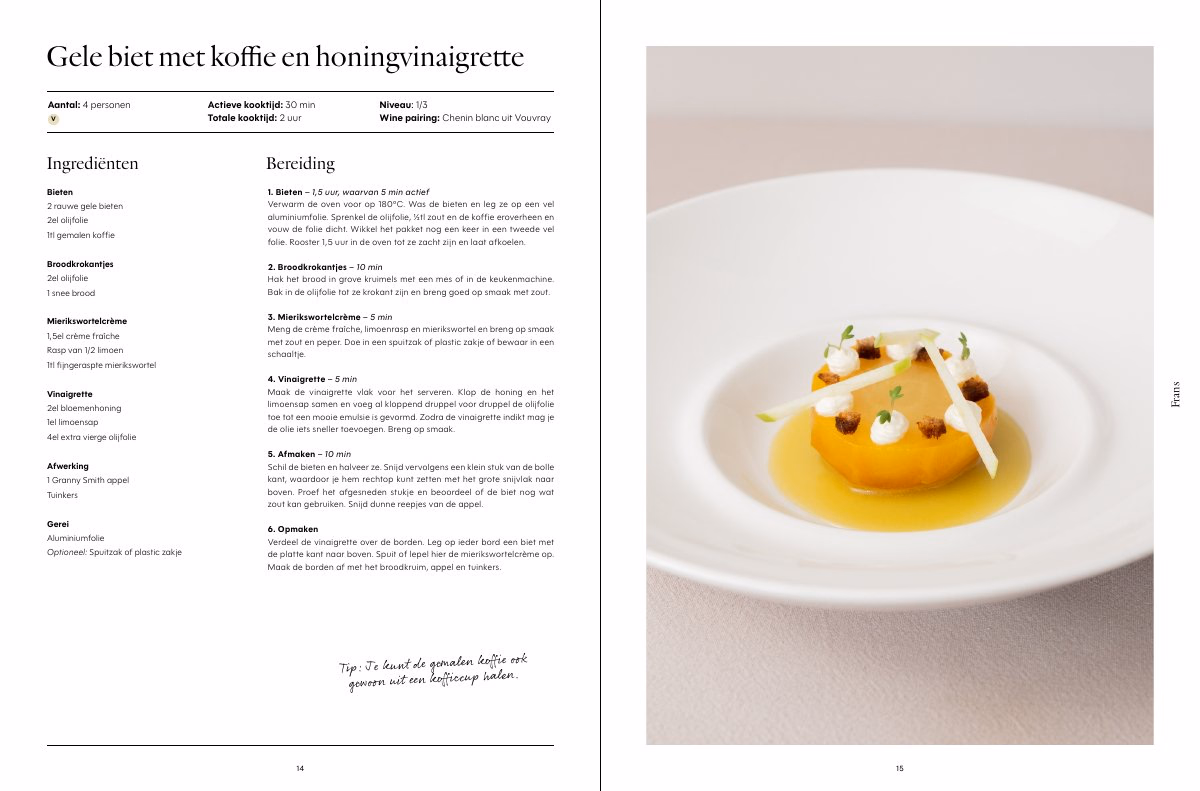 Opengeslagen boekpagina's uit het hoofdstuk Frans: Gele biet met koffie en honingvinaigrette.